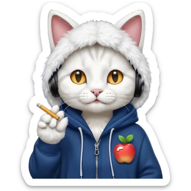 cat in headphones, in a dark-blue almost black oversized hoodie with a cigarette in his hand, more apple-like emoji  sticker