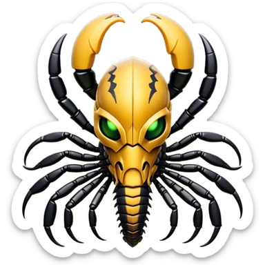Cinematic Noble Emperor Scorpion Portrait Emoji, Poised and formidable, with a robust, armored build and a glossy, jet-black exoskeleton accented by striking, segmented pincers, deep-set piercing eyes, Simplified yet sharp and sophisticated features, highly detailed, glowing with a cool, dignified glow, high shine, intelligent and imposing, stylized with an air of ancient desert majesty, focused and attentive, soft glowing outline, capturing the essence of a watchful and commanding scorpion that feels as though it could silently creep out of the screen with effortless authority! sticker