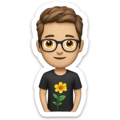 white guy short brown hair wearing glasses and dark t-shirt with flowers print sticker
