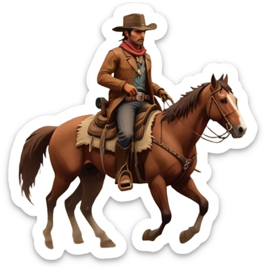 An icon representing an adventure game, inspired by Red Dead Redemption II. The design features a rugged cowboy riding a horse through a vast, open landscape with mountains, deserts, and wild animals. The atmosphere conveys exploration, action, and the thrill of the journey. Transparent background sticker