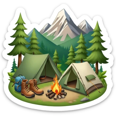 Icon for Hiking: a pair of hiking boots, a backpack, a walking stick, a tent, and a kettle over a campfire, surrounded by trees and a mountain trail. The icon should capture the adventure and warmth of camping. Transparent background. sticker