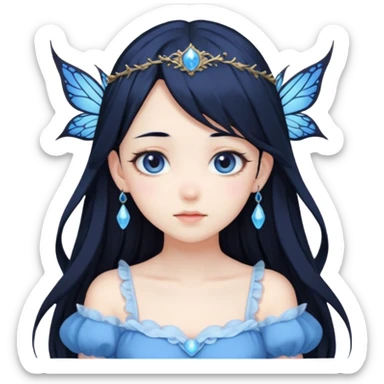 Gothic anime fairy with long beautiful black hair and blue dress, pastelcore, sticker