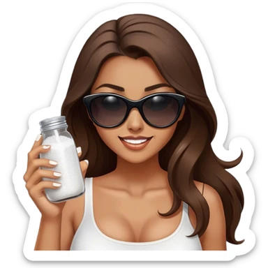 sassy woman with long brown hair, tan skin, and dark sunglasses holding a salt shaker filled with white table salt. She is shaking and sprinkling the salt. She is smirking.  sticker