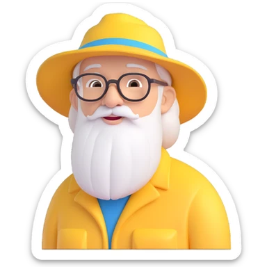 An elderly man with white hair and beard, wearing glasses and a yellow explorer hat sticker