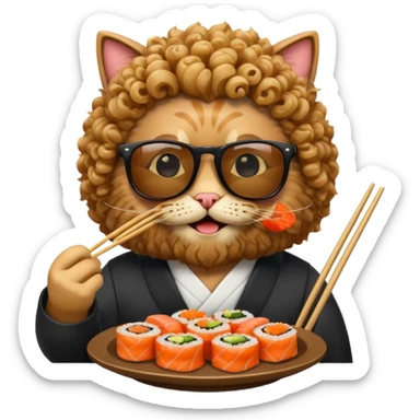 HAPPY CAT WITH CURLY HAIR AND A BIG BEARD wearing sunglasses and eating sushi sticker