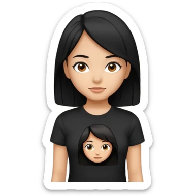 a pretty bratz girl with straight black hair,  wearing a black tshirt sticker