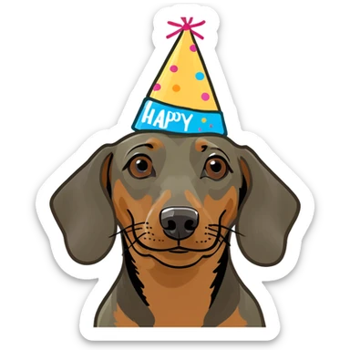 brown and tan dachshund wearing a birthday hat next to a birthday cake with candles sticker