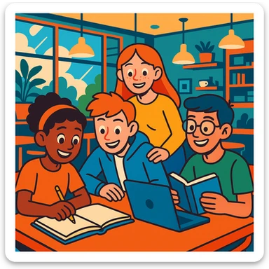 groupe de quatre étudiants, deux garçons et deux filles, travaillant ensemble sur un projet, ambiance conviviale, posture détendue, fond de bibliothèque ou café moderne, style cartoon coloré sticker