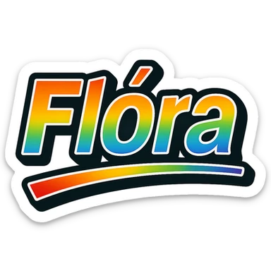 The name 'Flóra' in modern, precise Hungarian letters with a rainbow gradient fill, extra thick white outline, dark contour, transparent background, dynamic and slanted underline, in the style of the sample images. sticker
