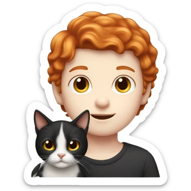 redhead boy with pale skin holding black and white cat sticker