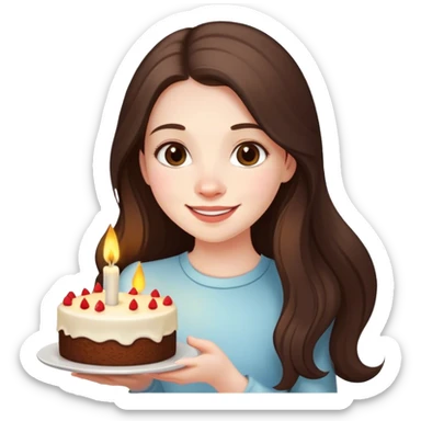 happy beautiful pale brunette girl with long hair holding a piece of cake with candle sticker