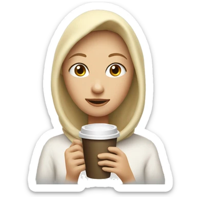 A girl with blonde hair, her head covered with a duvet, and drinking coffee sticker
