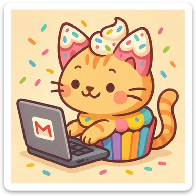 A playful and cute cupcake-themed cat typing on her own laptop, creating humorous stories for her friends to read on Gmail. The cat has cupcake colors, frosting ears, sprinkles, and cupcake wrapper body decorations. The laptop has a visible Gmail logo. The scene is whimsical, colorful, and charming. sticker