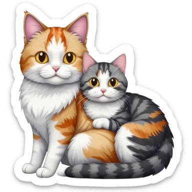 full body colourful light patched calico + white tabby cat cuddling a bigger cat that is dark grey and white tabby cat  sticker