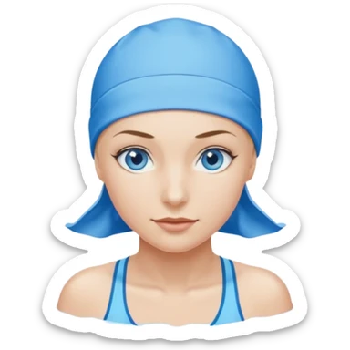 Female athletic swimmer with blue eyes with swim cap sticker