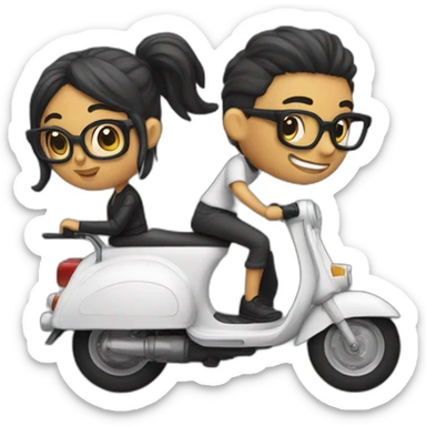 boy with long hair tied in a bun, beard, and glasses, riding a black scooter with a girl on the back sticker