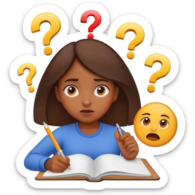Muslim girl writing in notebook with difficulty, with confusion, emoji question sticker