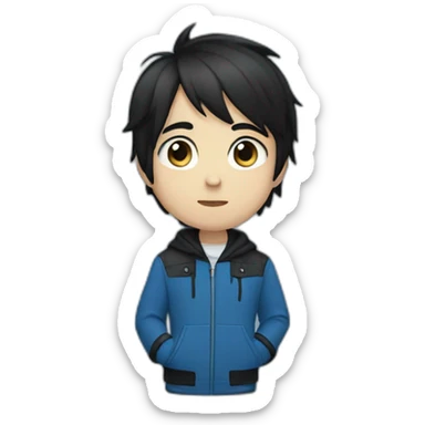 a boy who has an emo haircut that is directed to the left, he has straight black hair.  He has a blue jacket and blue eyes. sticker