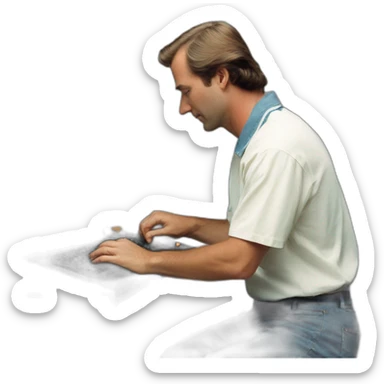 Adrian black fixing an Apple II computer sticker