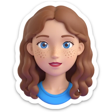 a girl with warm brown slightly wavy hair, blue eyes, and lots of freckles, 3D emoji style sticker