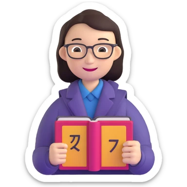 Chinese math teacher smiling holding a math book sticker