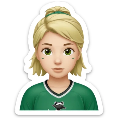 Girl hockey player with green jersey sticker