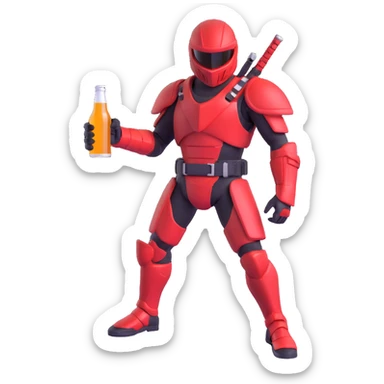 Sector from Mortal Kombat, cybernetic ninja in red armor, holding a beer bottle, relaxed stance, vibrant colors sticker