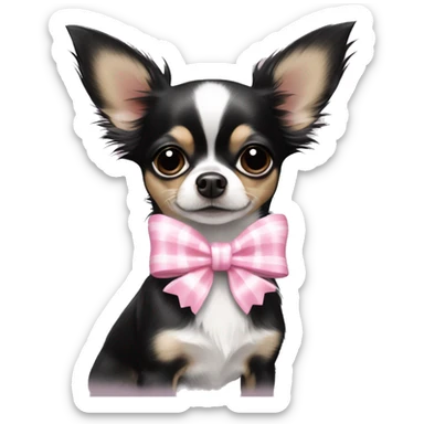 black and pure white long haired chihuahua with white stripe on forhead a cute pink bow sticker