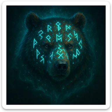a bear's head with glowing runes, magical aura sticker