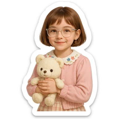 10 year old girl with clear glasses and short light brown hair, cute core style, holding a plush toy sticker