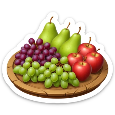 medieval fruit platter object icon, grapes apples pears, rustic plate, small honey drizzle, cozy medieval vibe, 3D cartoon, mobile game icon style, clean background, no text, no watermark
 sticker