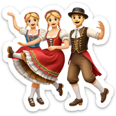 Cinematic Realistic Schuhplattler Dance Emoji, depicted as a lively traditional folk dance scene with performers in authentic Bavarian costumes, rendered with dynamic textures and festive natural lighting that captures the spirit of rural celebration. sticker