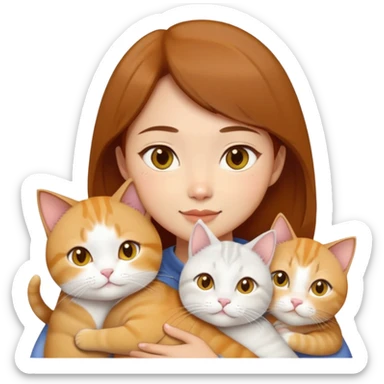 Asian girl, brown hair, brown eyes skin tone almond hugging three cats one ginger, one yellow white one British short hair cream colour sticker