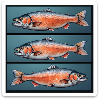 comic style realistic 4K image with three panels: first panel shows salmon with parasites, second panel shows salmon in blast chiller, third panel shows safe to eat salmon sticker