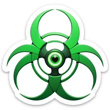 Minimalist emoji-style sticker of a fractured biohazard symbol with a small eye in the center. Stylized, geometric, no text.
 sticker