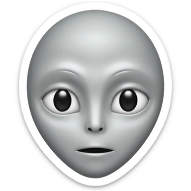 Grey alien head, almond-shaped black eyes, pale grey skin, cartoon emoji, no background sticker