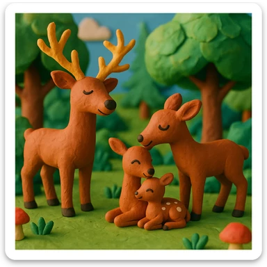 deer family in a woodland clearing, vibrant colors, cheerful and cozy, claymation style sticker