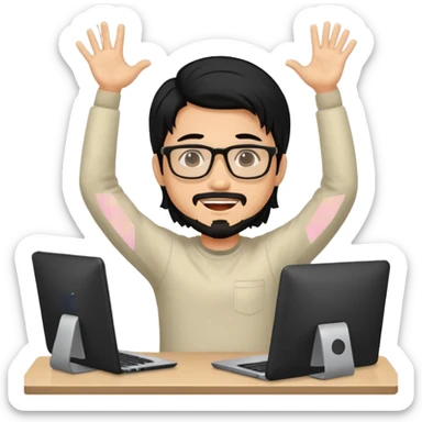 a young man with long black hair, with goatee, wearing glasses sitting with a computer, his arms up,cheering sticker