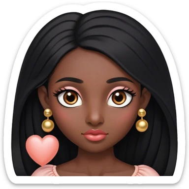 Pelo negro largo lacio hacia el frente,tes negra, cejas pronunciadas, ojos grandes con pestañas largas color marrón oscuro los ojos, nariz pequeña, labios grandes con arco de cupido color coral claro, orejas pequeñas y con pantallas pequeñas de bolita color oro sticker