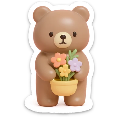 bear carrying a basket of wildflowers, soft pastel brown and cream, vinyl figure style sticker