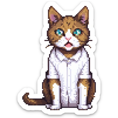 pixel art of a surprised cat in a white shirt with a brown stain sticker