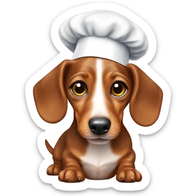 Small brown mini dachshund with a chefs hat sticker