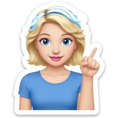Girl Blonde short wavy hair,  blue eyes, cute blue top, long lashes, pink lips, smiling, fist bump sticker