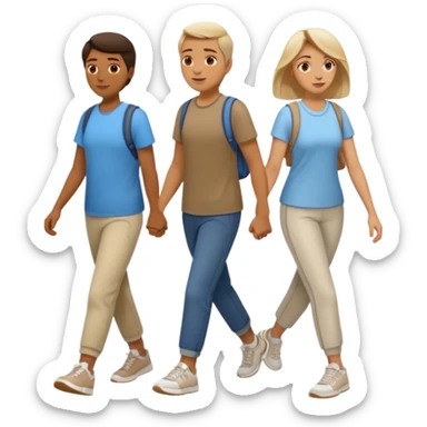 iOS emoji style - a men and 2 women in casual clothes and wearing trainers. Walking in the same direction quickly together. 
Not holding hands. No backpacks. 
 sticker