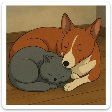 A gray British Shorthair cat curled up and sleeping next to a red Basenji dog sticker