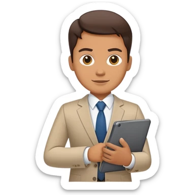 A flat-style illustration of a business executive confidently, holding a digital tablet or folder. The character wears smart business attire sticker
