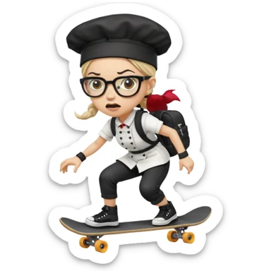 ["An angry woman with light skin, ponytail, wearing a chef hat and square glasses, dressed in goth fashion, is skateboarding while holding a backpack."] sticker