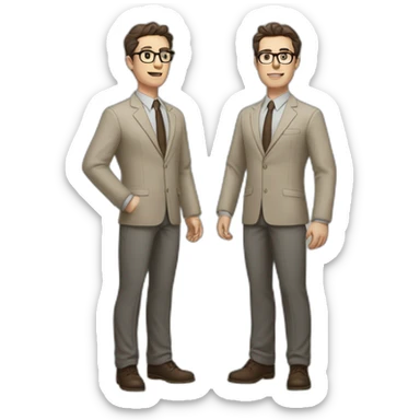 Full height Gesticulating Pale skinned fit man with dark brown hair in gray jacket, beige office shirt, brown tie, brown pants and vintage glasses. sticker