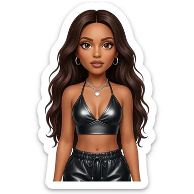 Aaliyah with brown eyes, long dark brown hair, black metallic halter crop top, black metallic baggy pants, silver necklace sticker