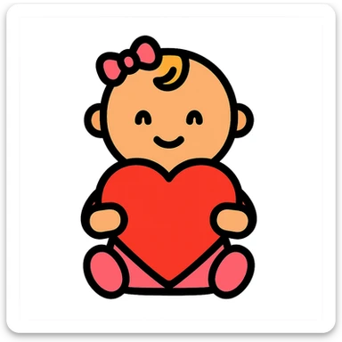 A baby girl holds a heart sticker